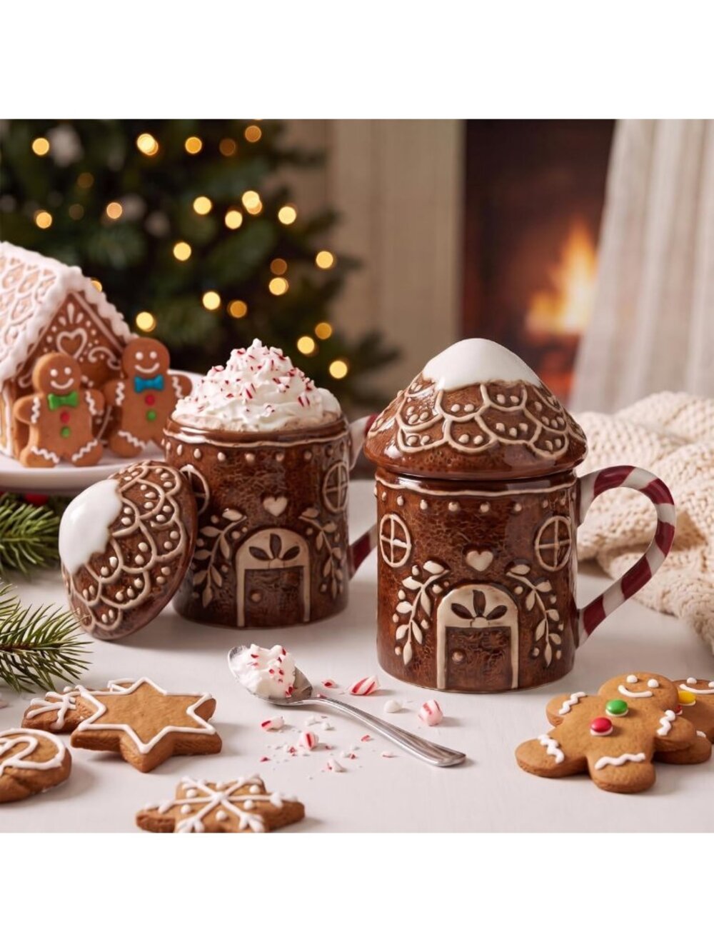 Festive Gingerbread House Mugs Set of 2 with Lids - Holiday Ceramic Drinkware
